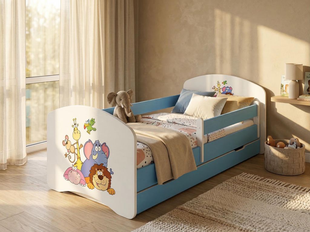 Happy Babies Kinderbett mit Rausfallschutz Junge 140x70 Bett für Kinderzimmer mit Schublade Matratze Einzelbett für Kinder Blau, ZOO