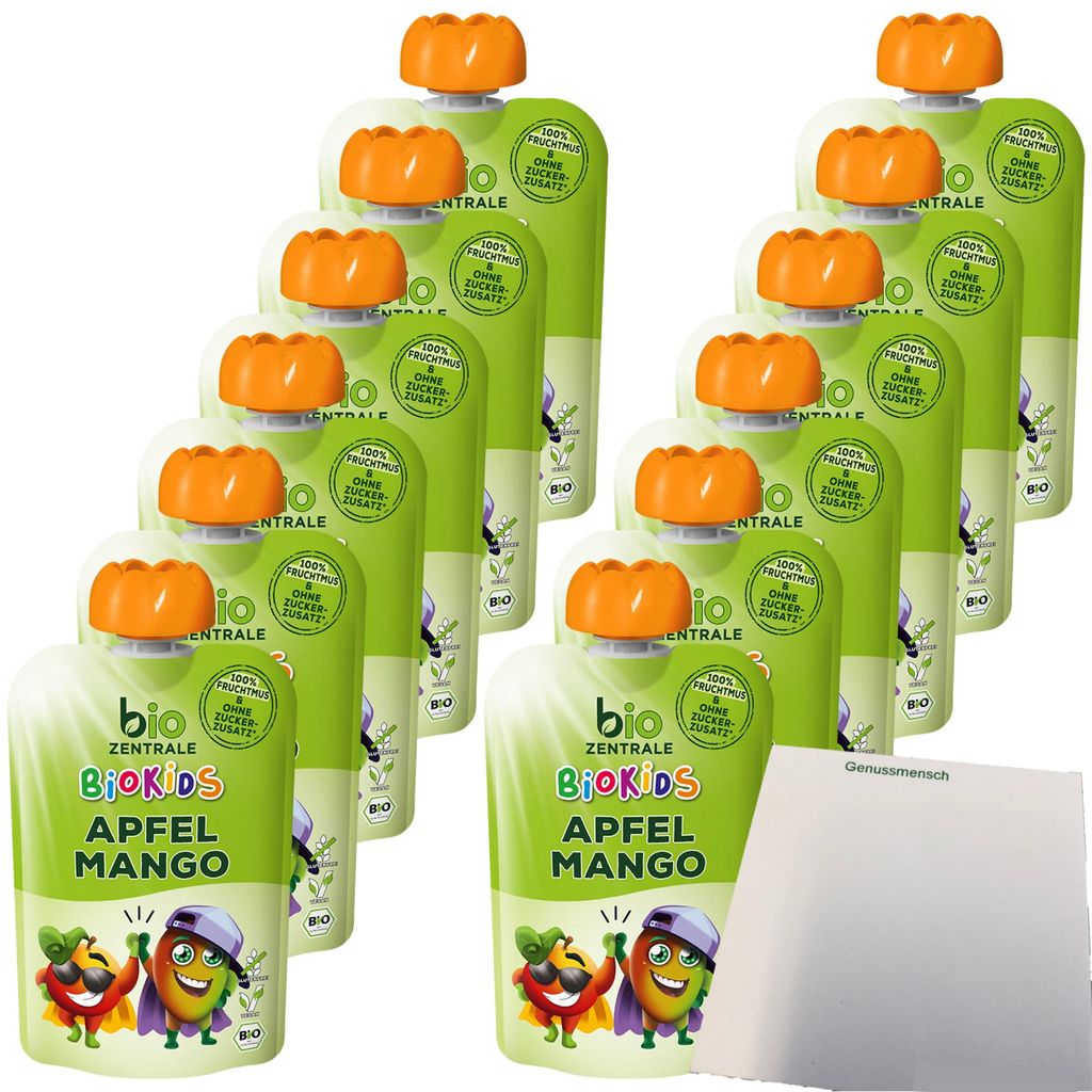 biozentrale BioKids Fruchtmus Apfel Mango VPE (12x90g Packung) + usy Block