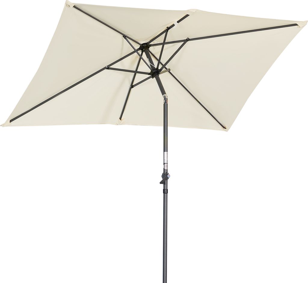 A rectangular cream-colored patio umbrella is shown from a low angle against a white background.