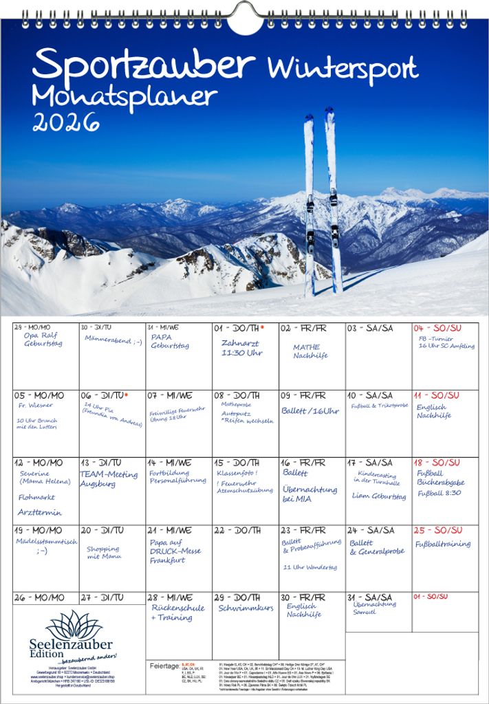 Sportzauber Wintersport Planer DIN A3 Kalender für 2026 Freizeit Sport Fitness- Seelenzauber