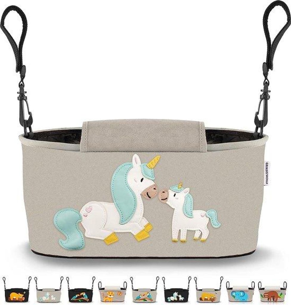 Grauer Buggy-Organizer mit Feuchttuchspender und Schultergurt