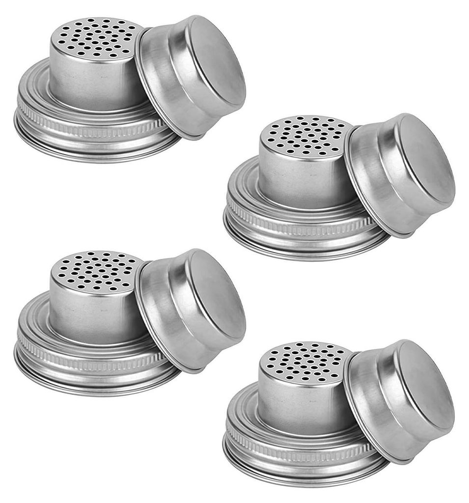 Streudeckel aus Edelstahl für Einmachgläser, ideal zum Aufbewahren von Zucker, Salz und Pfeffer in Küche, Cocktails und Bars.