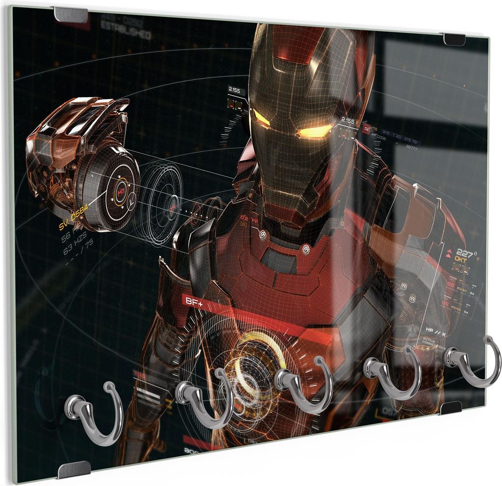 DEQORI Schlüsselbrett Glas 30x20 cm 'Legendäre Iron Man Anzug' Schlüssel Halter Haken