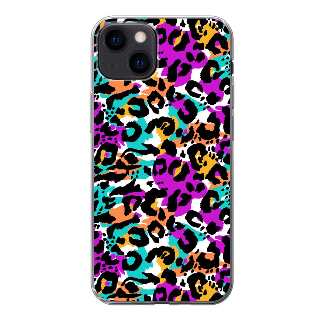 MuchoWow Handyhülle Schutzhülle Hülle für iPhone 13 Pantherdruck - Regenbogen - Weiß Silikon Softcase Handy Hülle - Karteninhaber