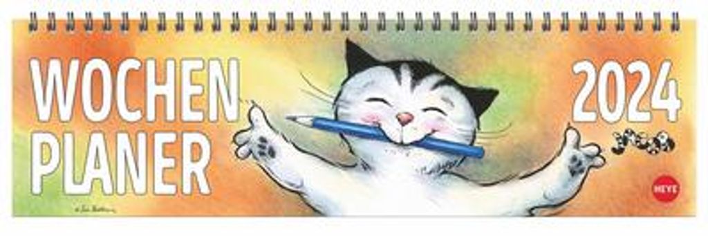 Jacob Wochenquerplaner 2024. Praktischer Tischquerkalender mit Spiralbindung und Katzen-Cartoons. Liebevoll illustrierter Tisch-Kalender für Katze...