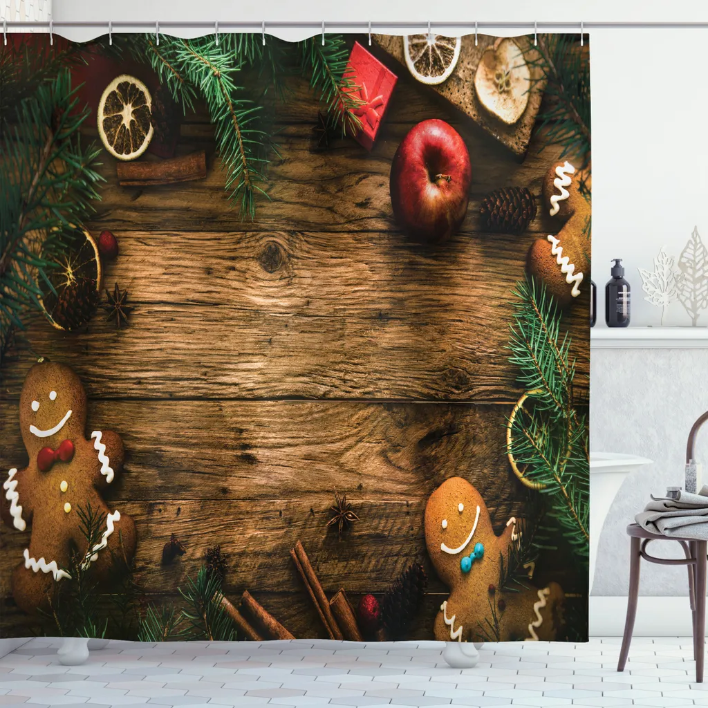 ABAKUHAUS Tenda da doccia natalizia, scatola regalo con omino di pan di zenzero, legno di conifera, pino, cannella, dessert su tema rustico in legno, set decorativo per bagno in tessuto con ganci, 175x200 cm, marrone verde - 2