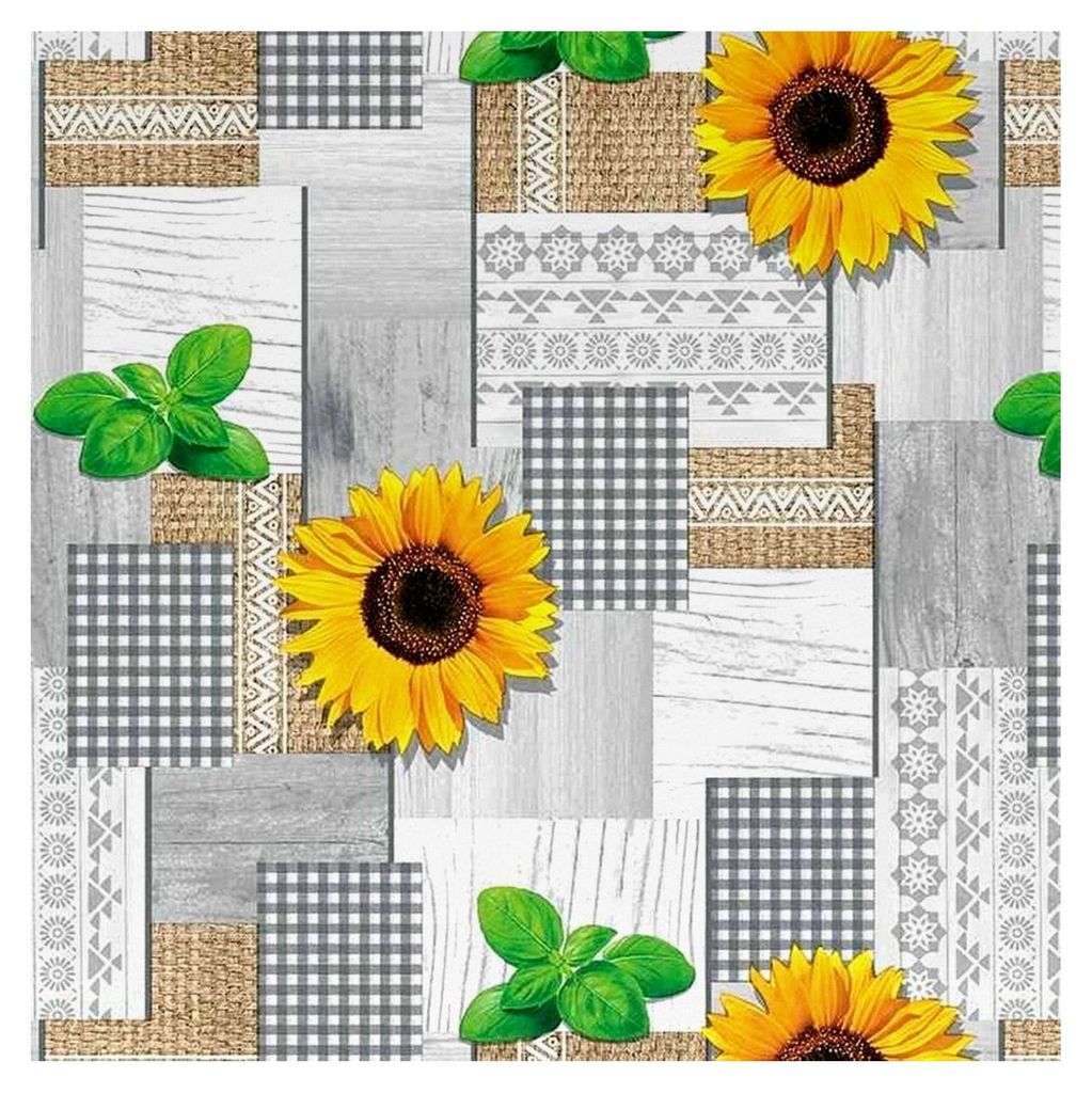 Wachstischdecke für Gartentische in wählbaren Farben und Größen, Sonnenblumen und Basilikum, rund 110 cm, abwaschbar