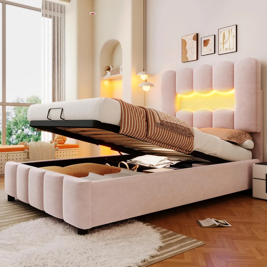 Lit pour chambre d'ado 90x200 cm avec rangement hydraulique et LED rose