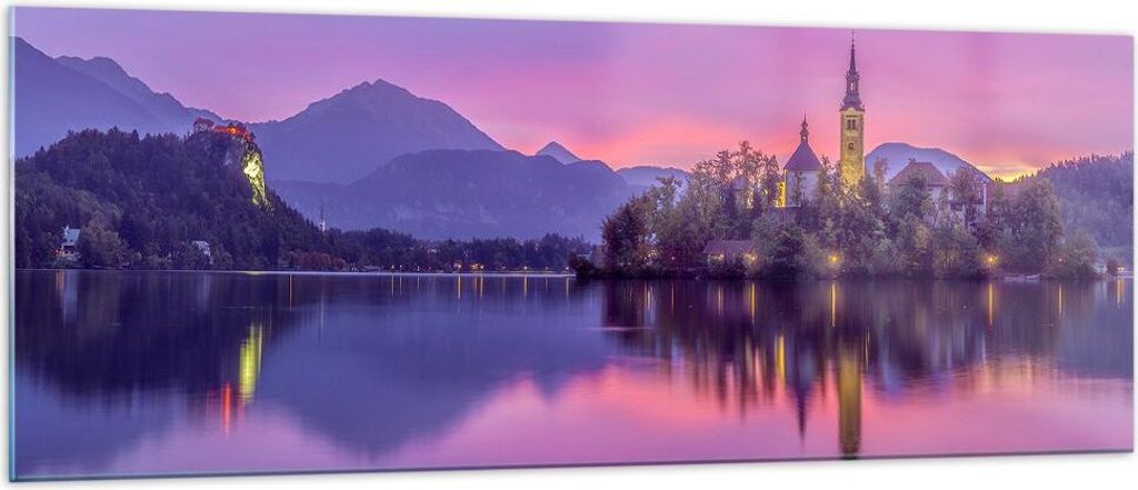 Bilder auf glas - Landschaft Berg See Kirche - 140x50cm - Glasbilder - Wandbilder - Kunstdruck - zum Aufhängen bereit - Wanddekoration aus Glas - ...