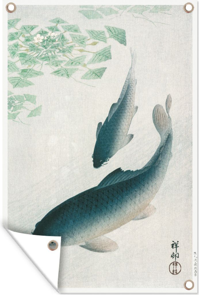 MuchoWow 40x60 cm Outdoor-Poster Gartendeko Sichtschutz Garten Poster für den Garten Karpfen schwimmen um Wasserpflanzen - Gemälde von Ohara K...