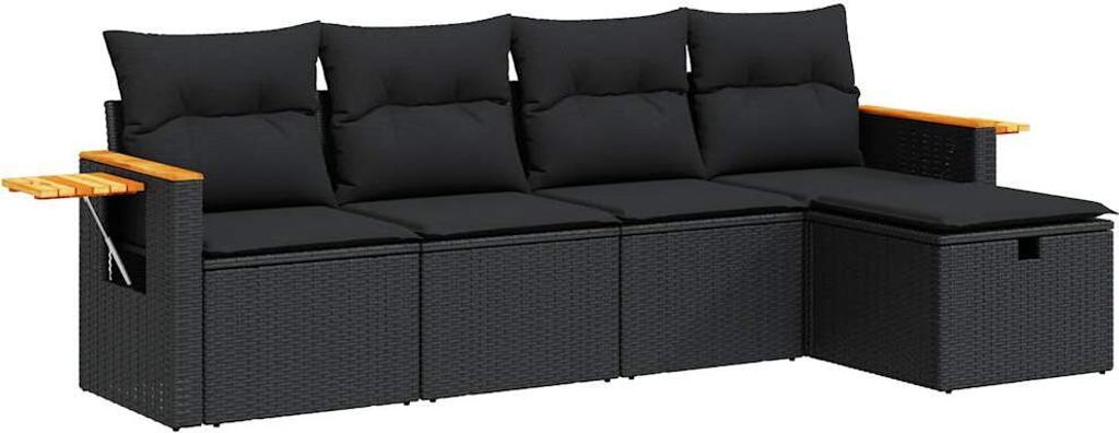 5-tlg. Garten-Sofagarnitur mit Kissen Schwarz Poly Rattan