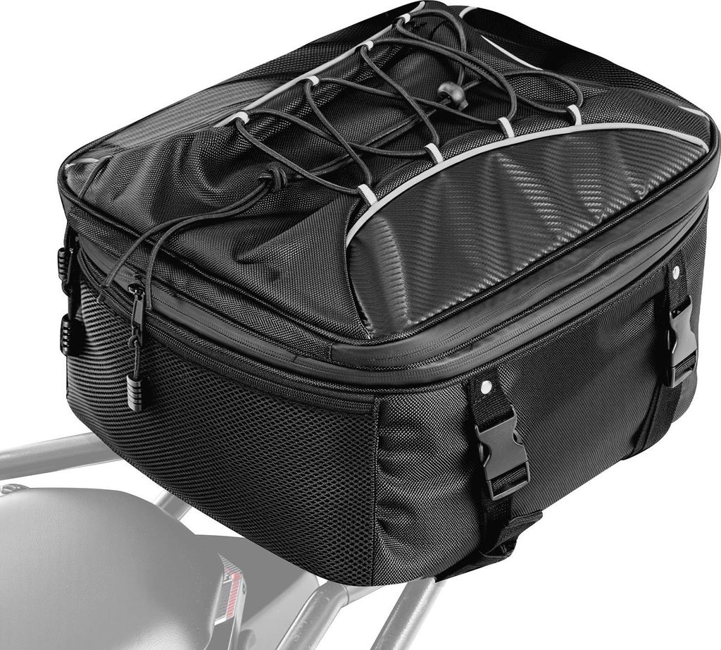 Motorrad-Hecktasche - Rücksitz- & Gepäckträger-Tasche - 22–34 L Erweiterbar - Wasserfeste Regenhaube - Befestigungsriemen & Elastische Kordel ...