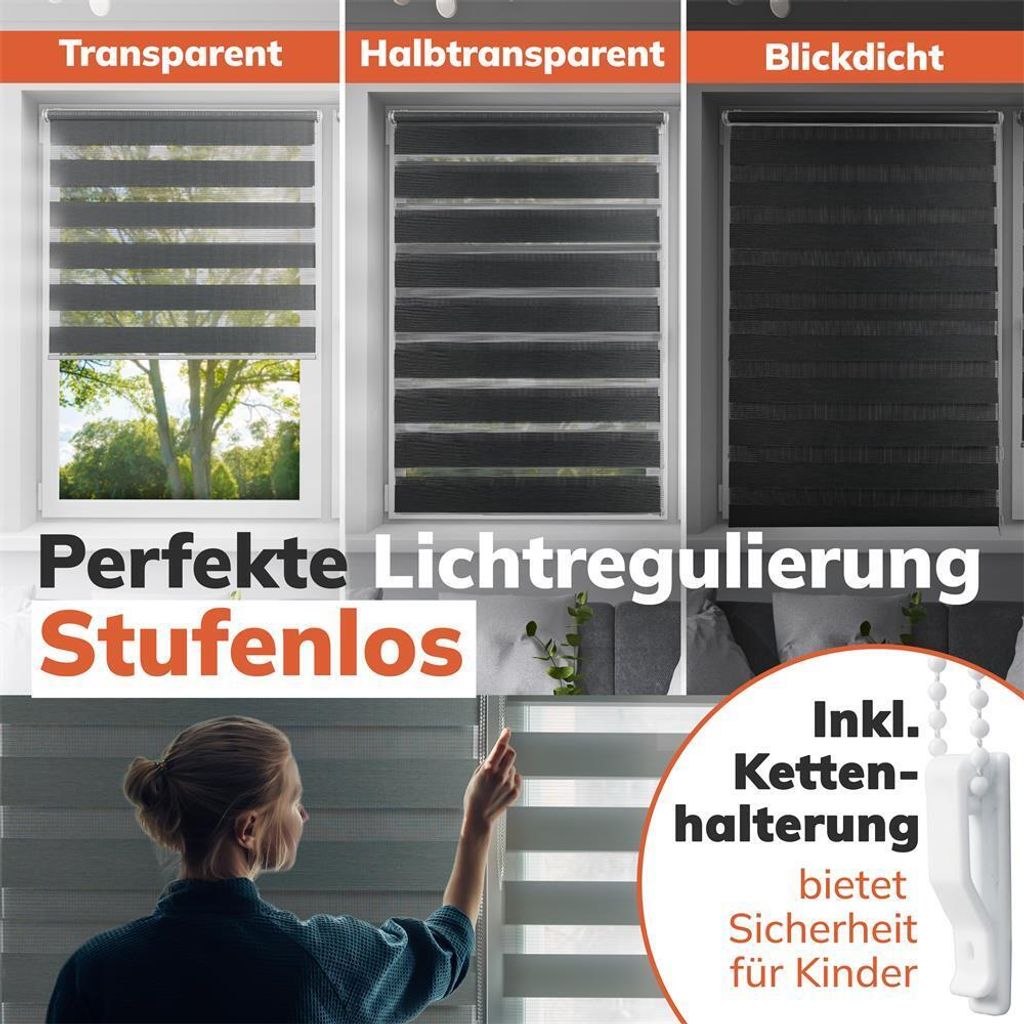 Doppelrollo Klemmfix Standardmaß : 65 : Schwarz : 220 Produktbild 5