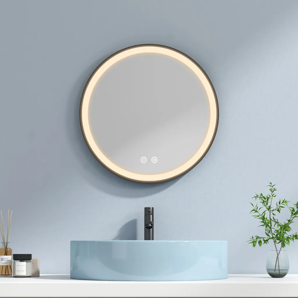 EMKE Specchio da bagno rotondoф50cm a LED con 3 colori di luce e luminosità regolabile, funzione memoria, specchio da bagno Smart Touch con cinturino in pelle nera