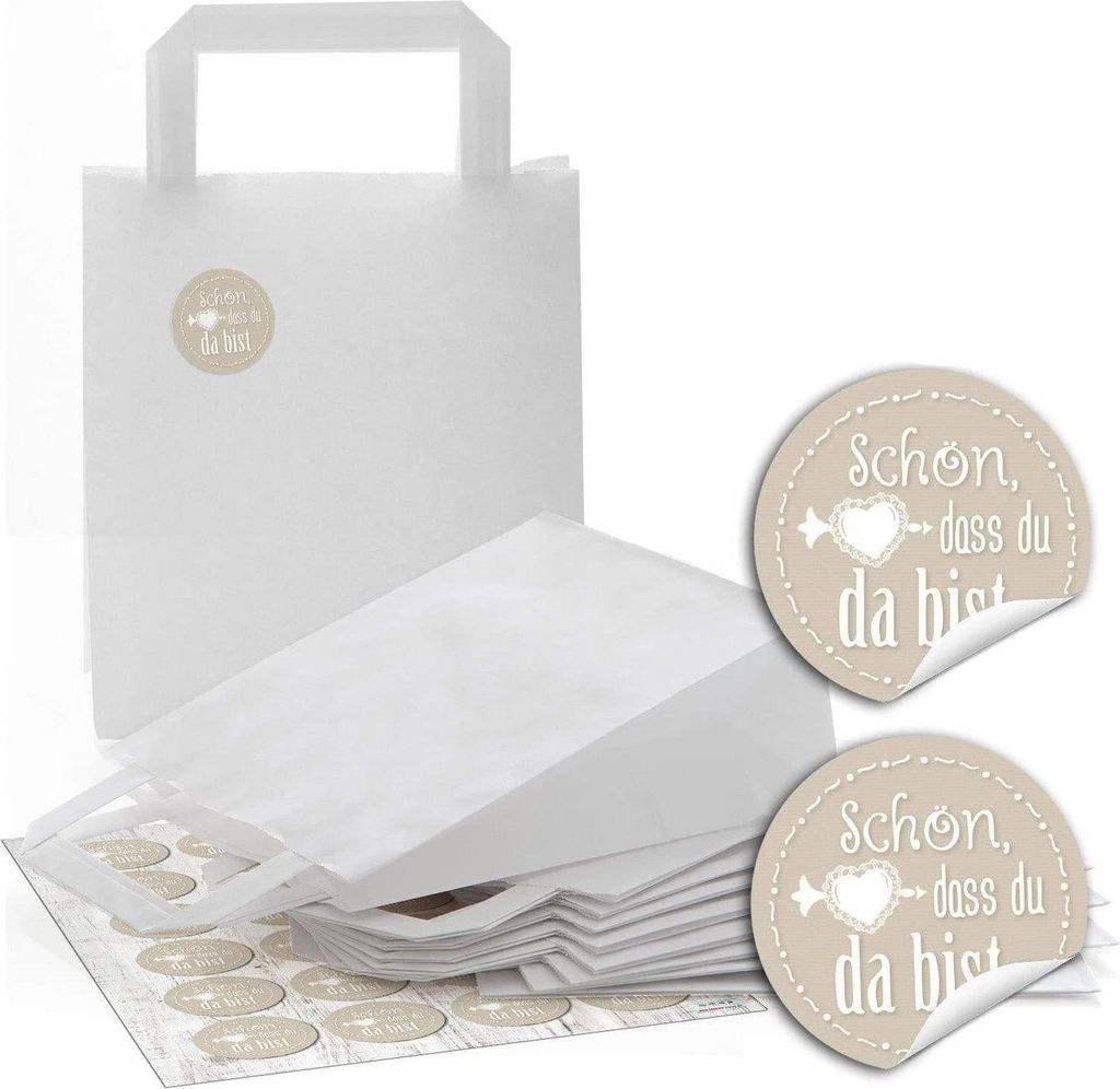 48 weiße Papiertüten Papier-Tragetaschen Henkel-Tüten Geschenktüten Boden 18 x 8 x 22 cm kleine Papiertaschen + 48 runde Aufkleber Sticker SCH...