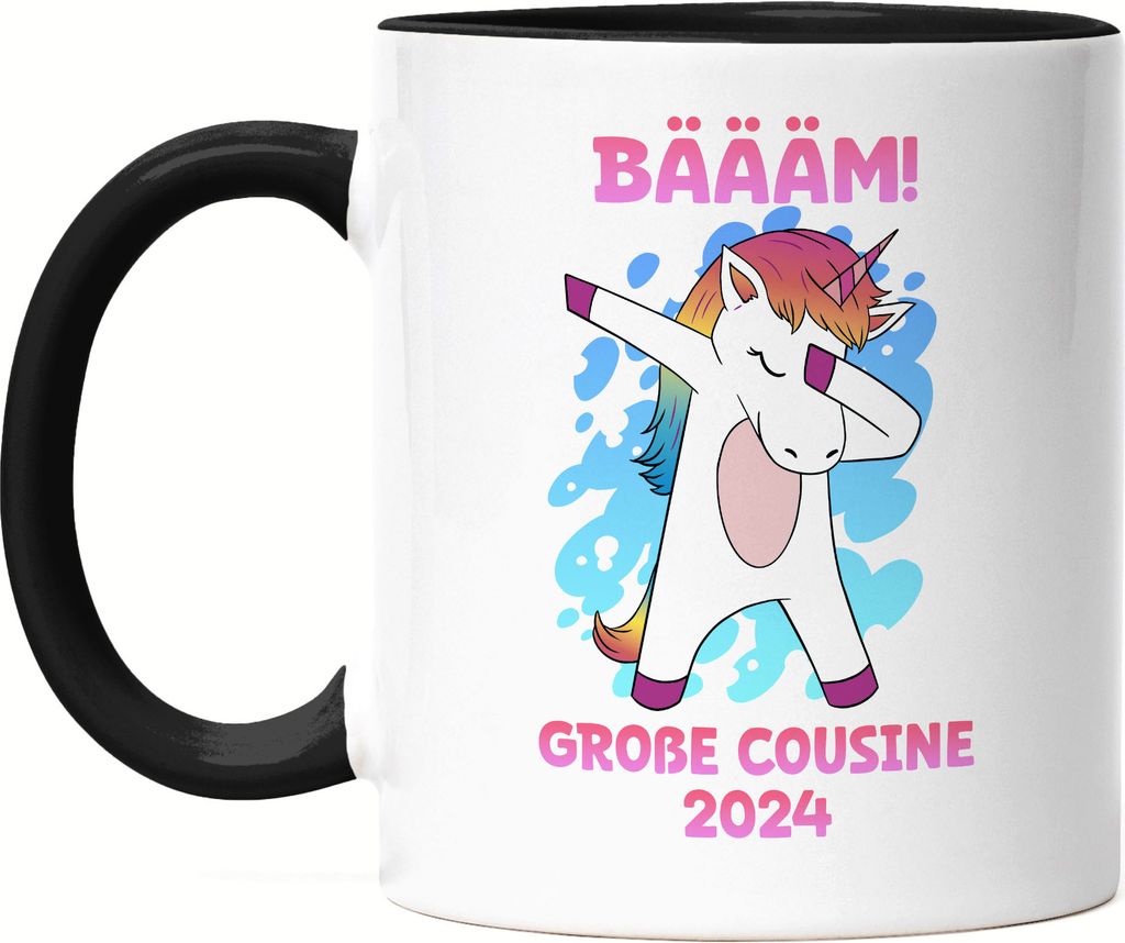 Bäääm Große Cousine 2024 Tasse Schwarz Einhorn Schwangerschaft Ankündigung Babyparty Babyshower Cousin & Cousine