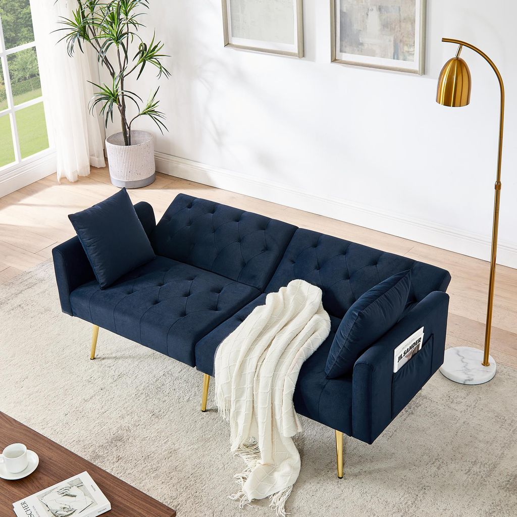 MODFU Moderner Sammet-Zweiersofa, 3-stufige verstellbare Rückenlehne,Relaxsofa mit 2 beigelegte Kissen,Schlafsofa,stabile Metallbeine,Blau