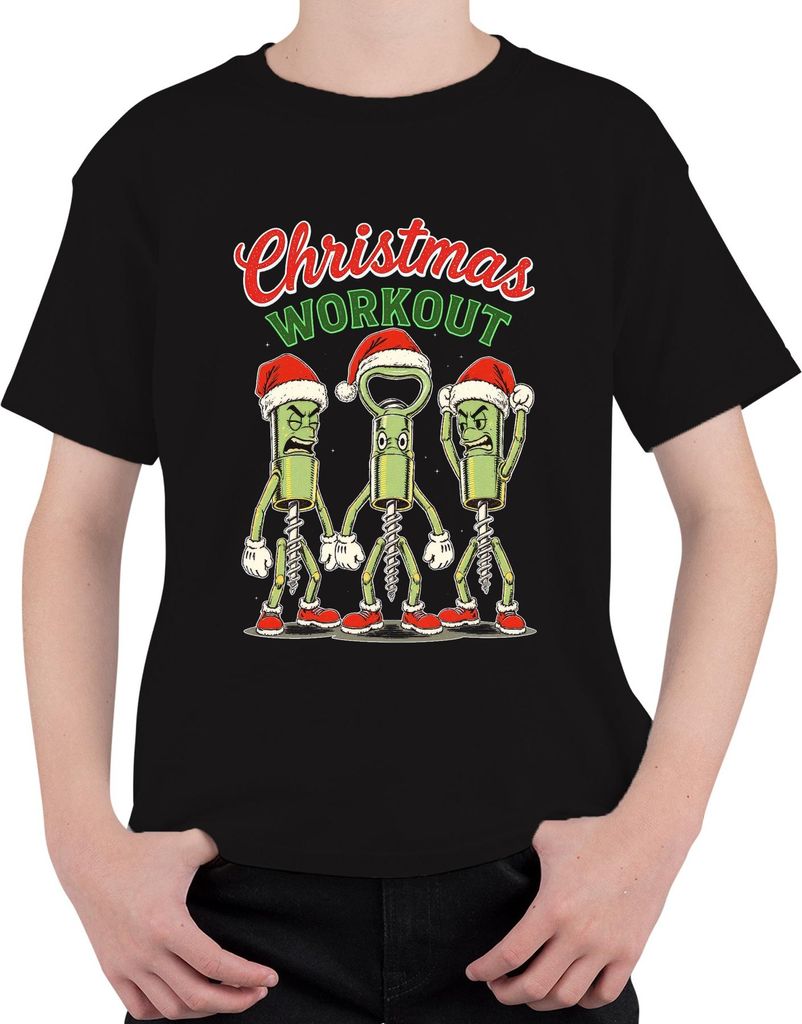 Christmas Workout Korkenzieher Flaschenöffner Wein Weihnachten Uni Kinder T-Shirt, Schwarz, 116