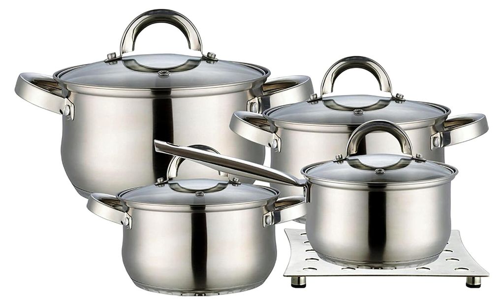 Kochtopf Set Edelstahl, 9-teilig, Induktion, 3 Töpfe, 1 Stielkasserolle, 4 Glasdeckel + Topfuntersetzer aus Edelstahl, geeignet für alle Herdarte...