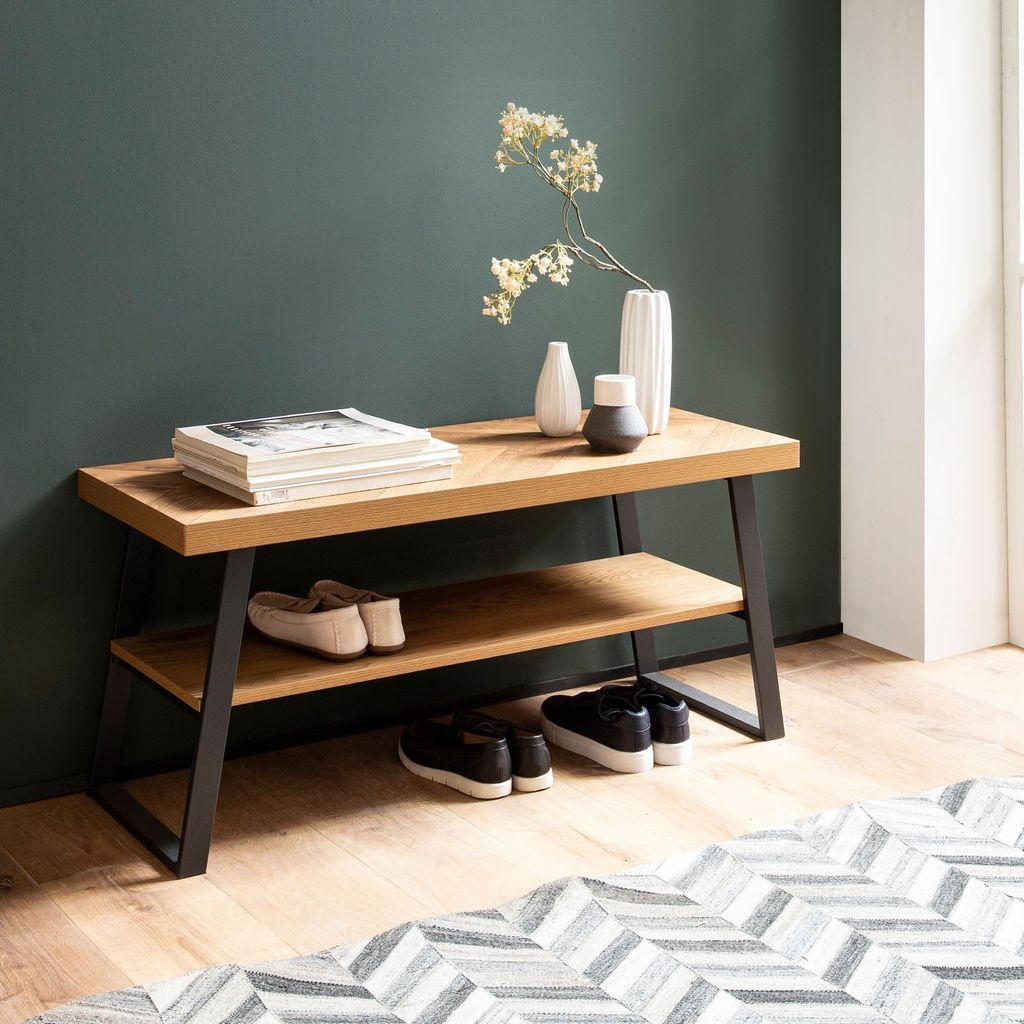 WOHNLING Schuhbank 100x41x40 cm Garderobenbank Eiche-Nachbildung Sitzbank Fischgrät-Muster Klein Bank Schmal Flur mit Stauraum Flurbank Flurmöbel...