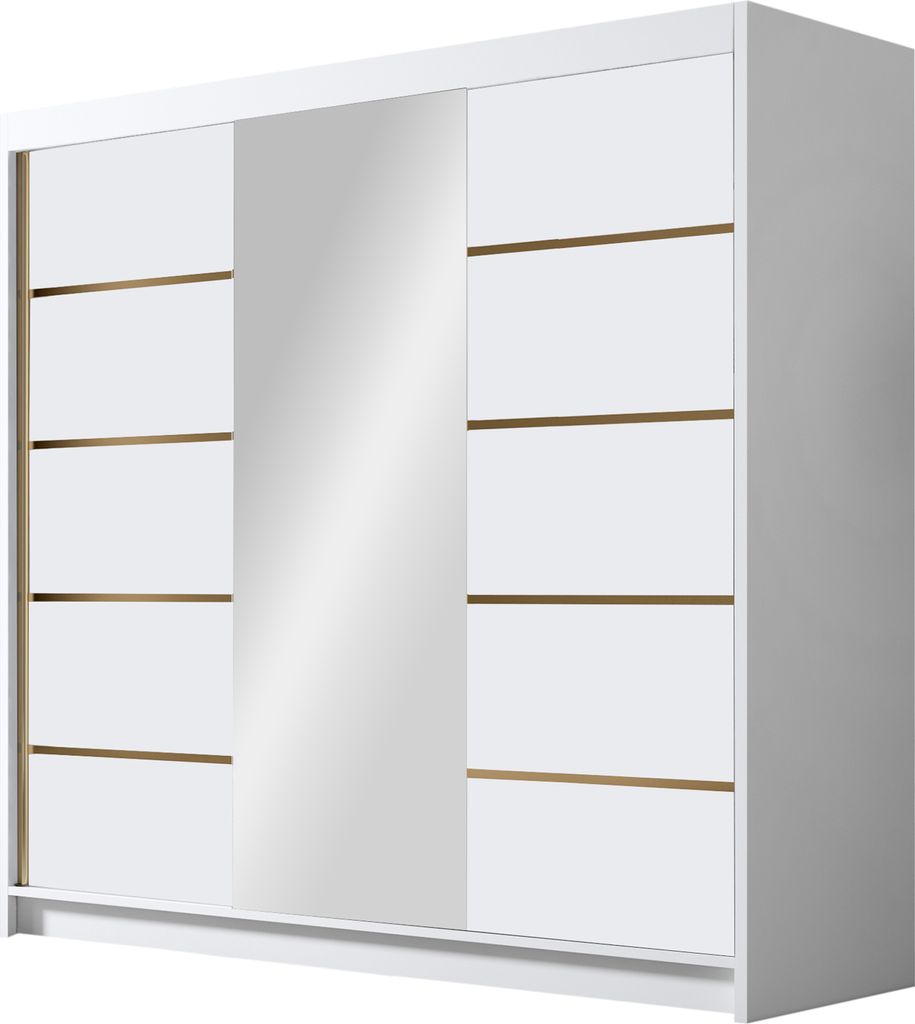 MIRJAN24 Schiebetürenschrank mit Spiegel Evo VI, Kleiderschrank mit Kleiderstange, mit drei Schwebetüren, Garderobe (Farbe: Weiß)