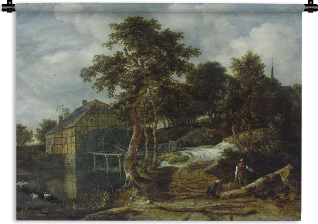 MuchoWow Wandteppich Wandbehang Landschaft mit Wassermühle - Gemälde von Jacob van Ruisdael 150x112 cm Tapisserie Dekoration Wandtuch - Wanddec...