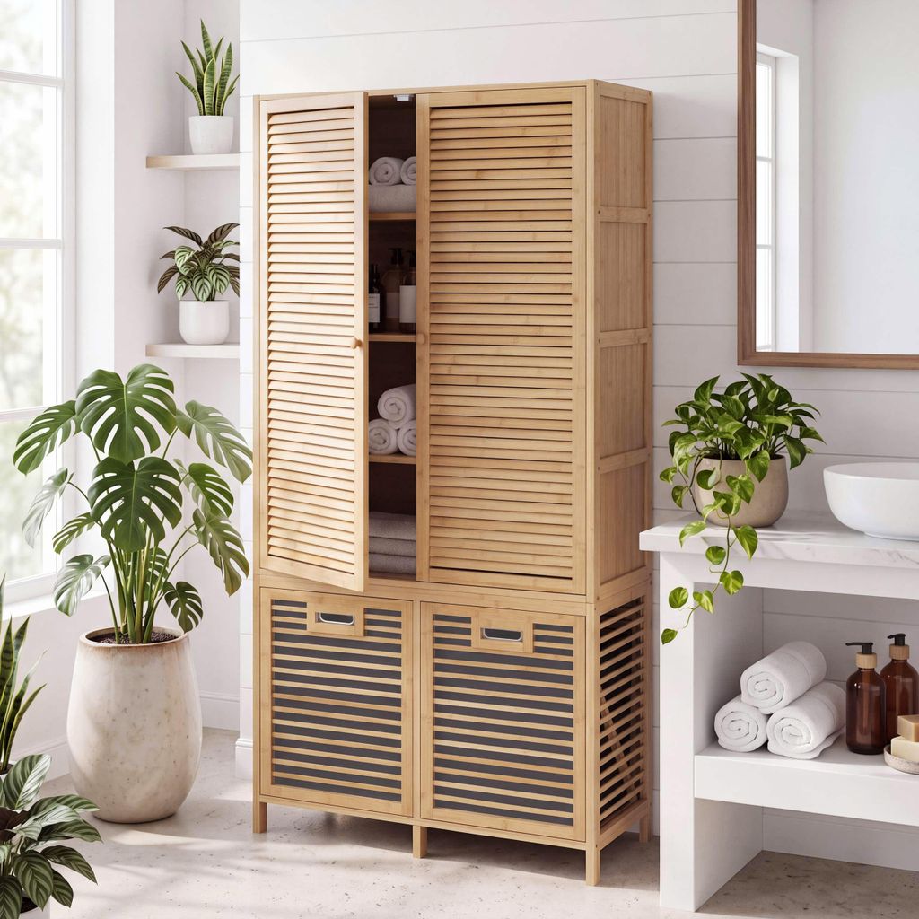 Mobiletto da bagno in bambù HWC-N83, pensile da bagno, con Immagine del prodotto 