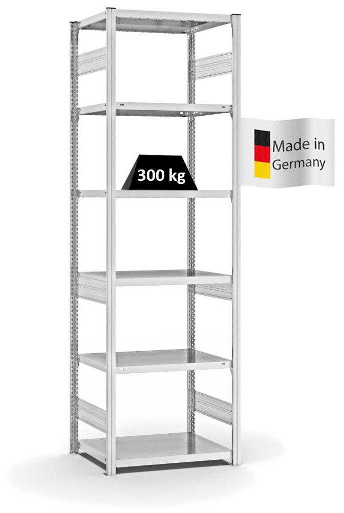 PROREGAL Fachbodenregal Stecksystem MAGNUS Germany | HxBxT 250x75x50cm | 6 Ebenen | Fachlast 330 kg | Beidseitig nutzbar | Lichtgrau