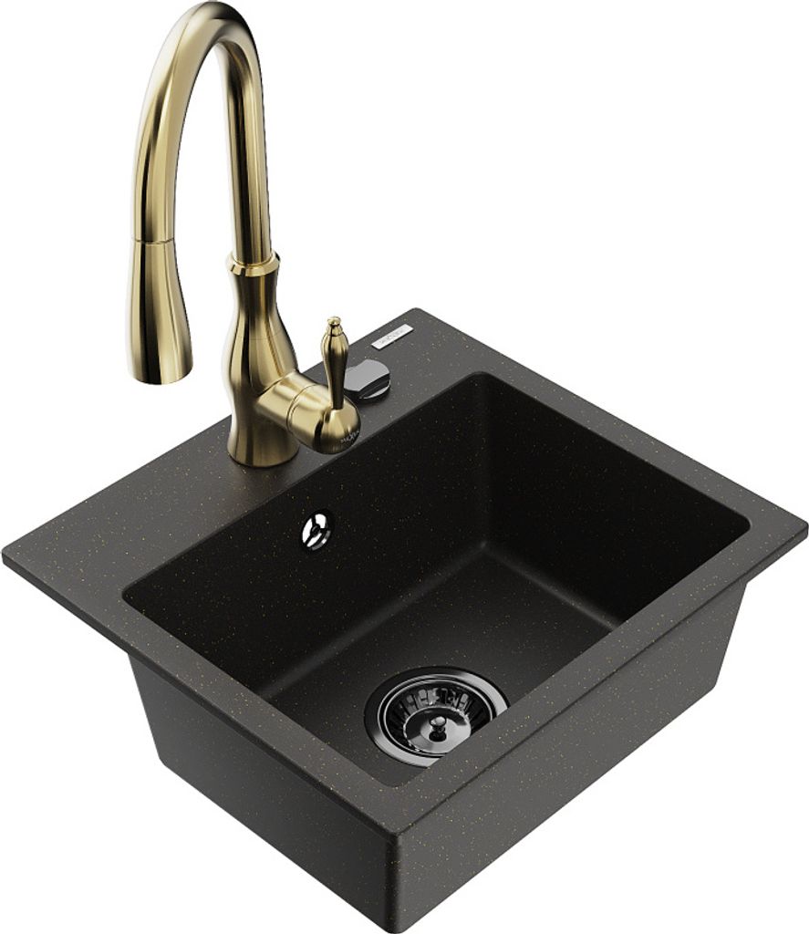 Mexen Milo 1-Becken-Granit-Spüle mit Mischbatterie Savita, Schwarz/Gold metallisch- 6505-75-672601-50-B