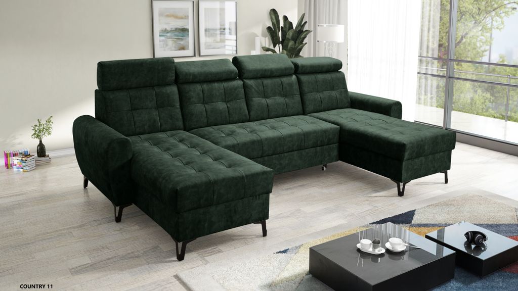 Wohnlandschaft U-Form LAVAX, Ecksofa mit Schlaffunktion, 2 Bettkästen - Flaschengrün
