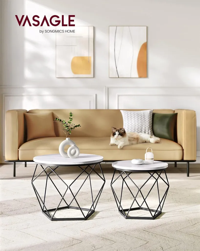 VASAGLE Set 2 Tavolini Rotondi Bianchi e Neri - Design Moderno Soggiorno - 5