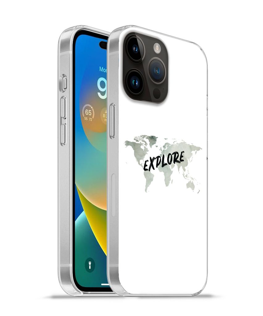 MuchoWow Handyhülle Schutzhülle Hülle für Apple iPhone 14 Pro - Softcase Weltkarte - Grau - Zitat Silikon Softcase Handy Hülle - Umschlag