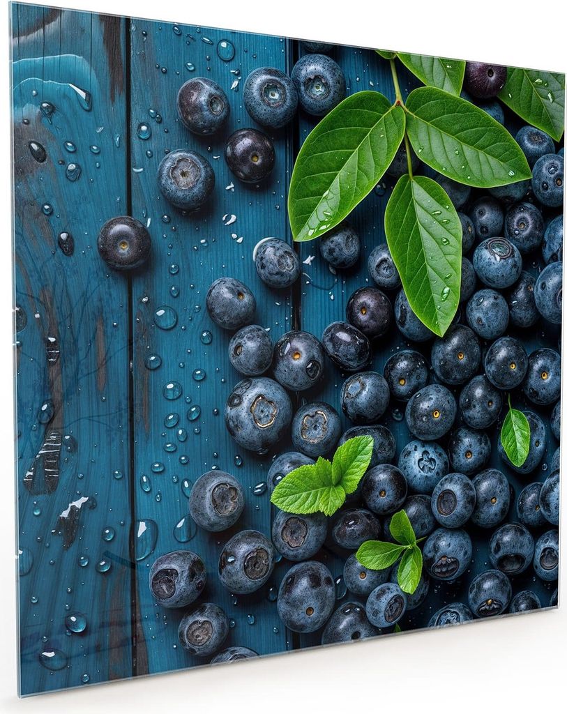 Küchenrückwand Spritzschutz Glas mit Motiv Blaubeeren auf Holz 40 x 40 cm
