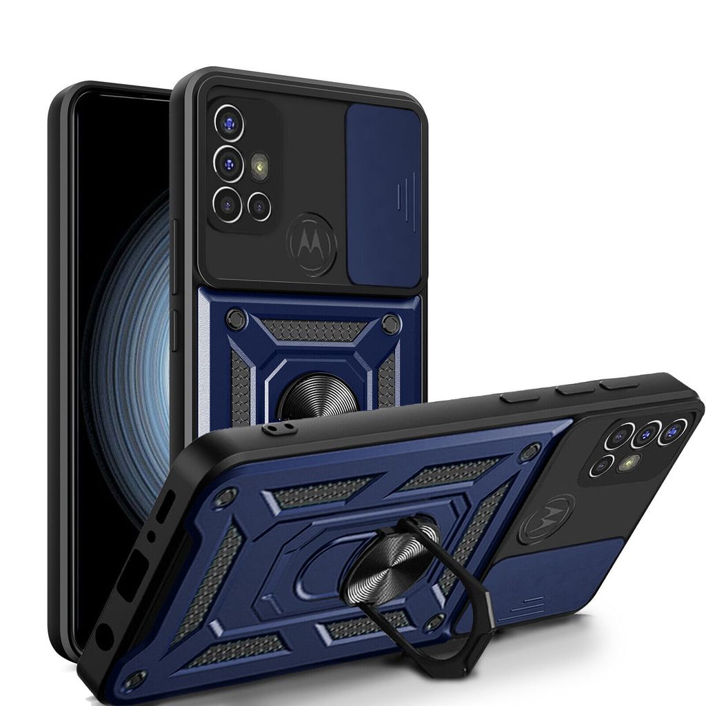 A blue and black phone case with a ring stand is shown against a white background. The case has a sliding camera cover and a textured design.