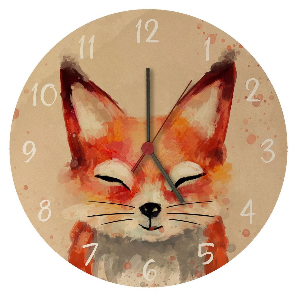 A watercolor-style image of a fox's face on a round clock face with numbers indicating the time.