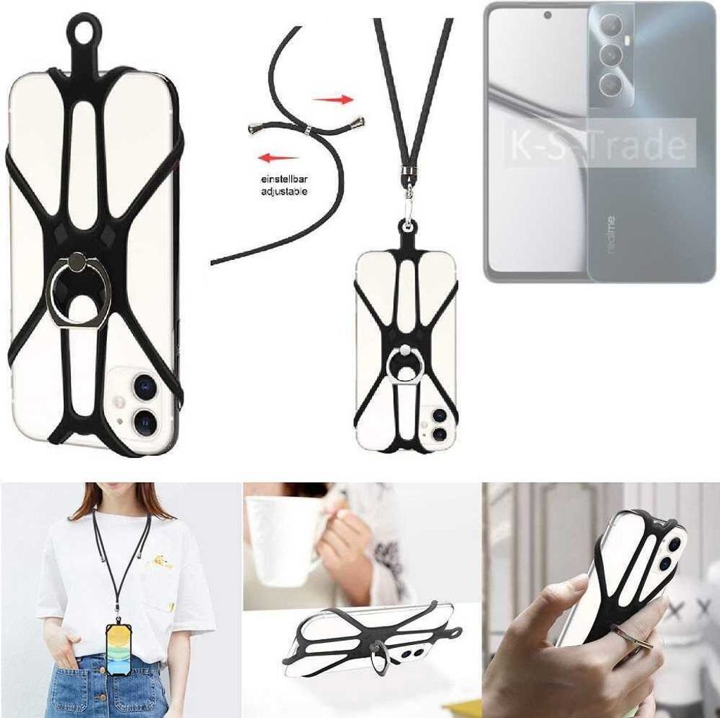 K-S-Trade 3in1 Handykette Handyband Handykordel Halsband Smartphone-Ring Handy-Ring kompatibel mit Realme C65 Fingerhalterung Handyring Tischständer