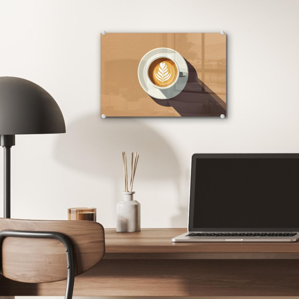 MuchoWow Glasbilder - Bilder auf Wandbild - Foto auf Glas Cappuccino - Tasse - Untertasse - Minimalistisch 30x20 cm Wanddekoration aus Glas - Acryl...