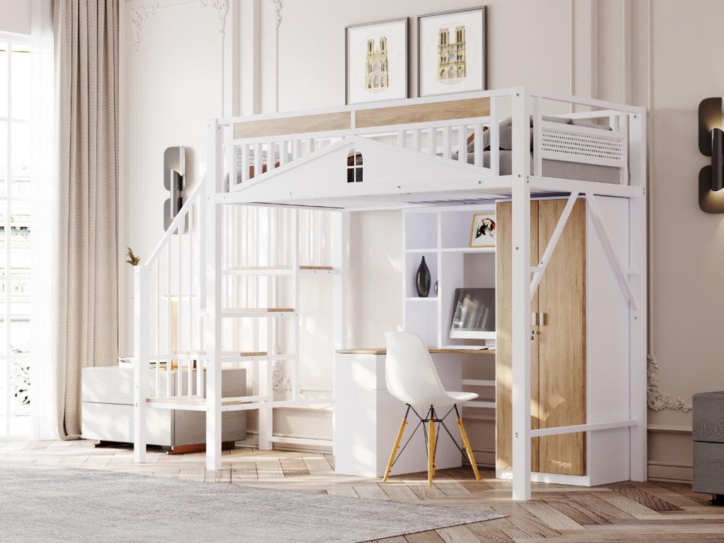 MODFU Hochbett Kinderbett 90x200cm mit Rausfallschutz, Metallbett Mit Metallkugel und Fensterdesign, Steigleiter von links nach rechts austauschbar...