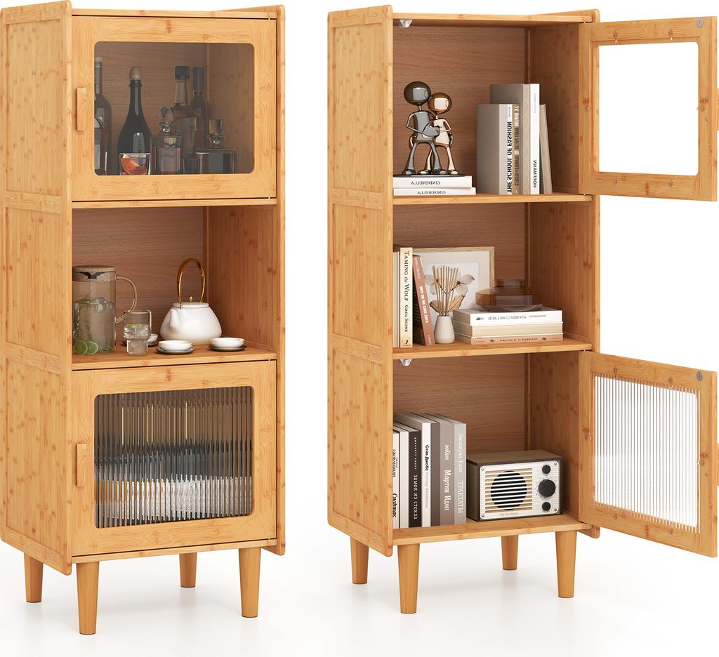 Two identical bamboo cabinets are shown side-by-side against a white background. The cabinet on the left is closed, while the cabinet on the right is open, revealing its contents.