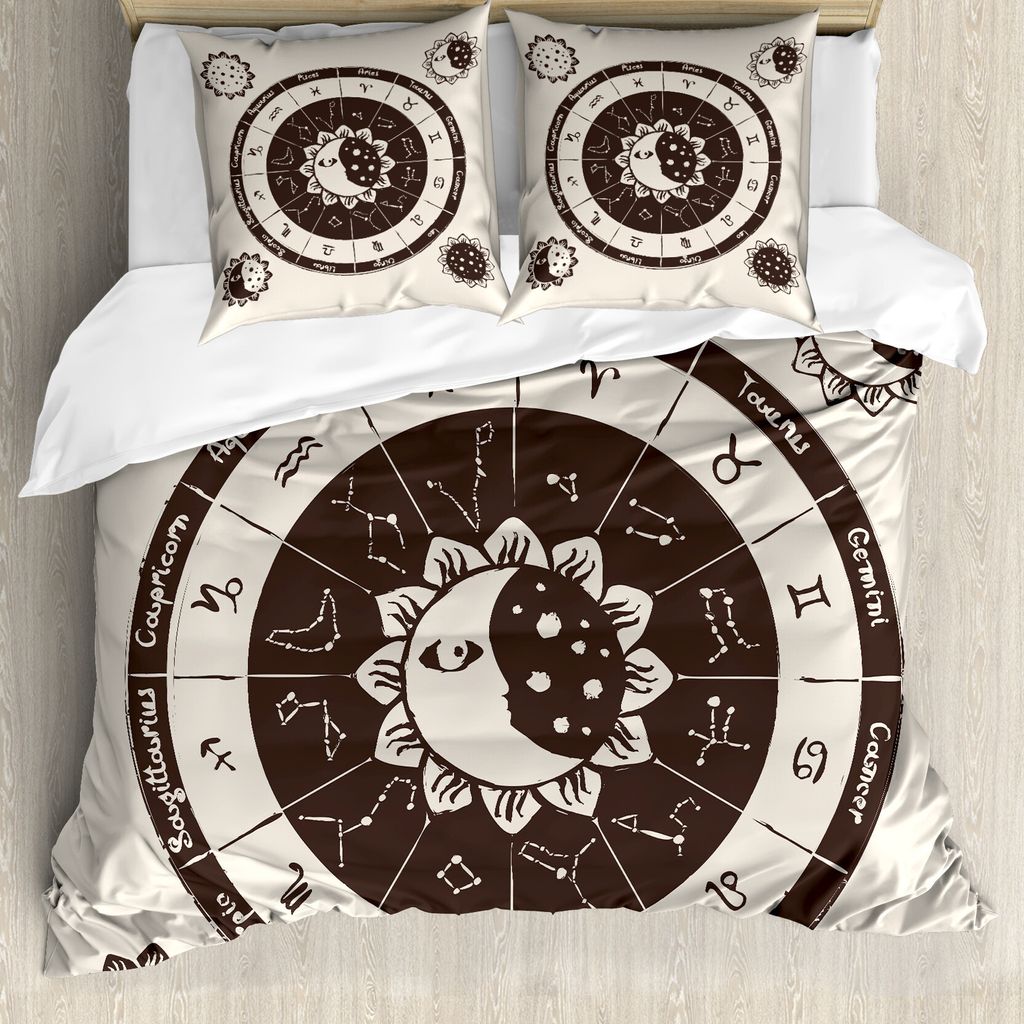 ABAKUHAUS Konstellation Bettbezug, Zodiac Sun Moon, Milbensicher Allergiker geeignet mit Kissenbezügen, 200 cm x 200 cm - 80 x 80 cm, Dunkelbraun ...