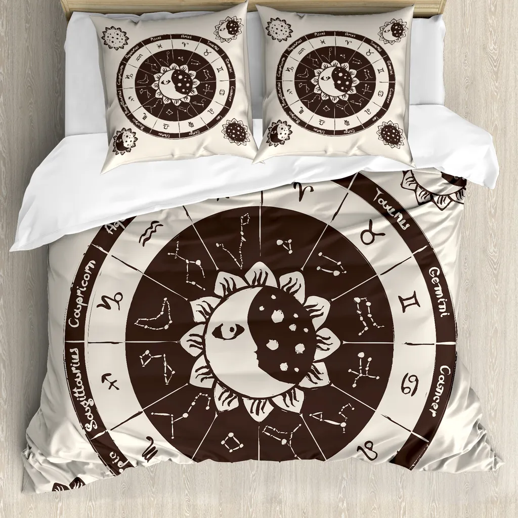 ABAKUHAUS Confezione copripiumino, Zodiac Sun Moon, antiacaro, adatto a chi soffre di allergie, con federe, 200 cm x 200 cm - 80 x 80 cm, marrone scuro crema