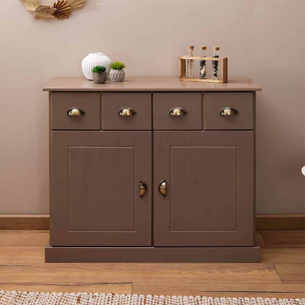 Kommode PARIS aus massiver Kiefer in taupe, schönes Sideboard mit 2 Türen, praktische Apothekerkommode mit 2 Schubladen, zeitlose Schubladenkommo...