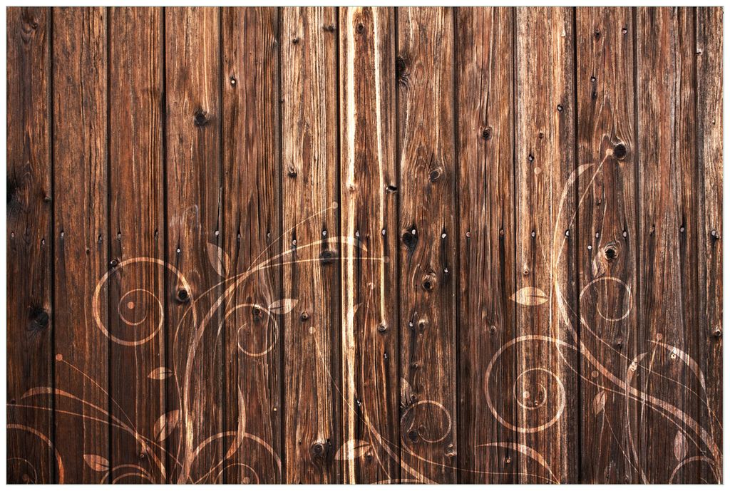 Wallario Wandbild aus Acryl, 90 x 60 cm, freischwebende Optik - Holz in dunkelbraun mit Blumenmuster - Schnörkel