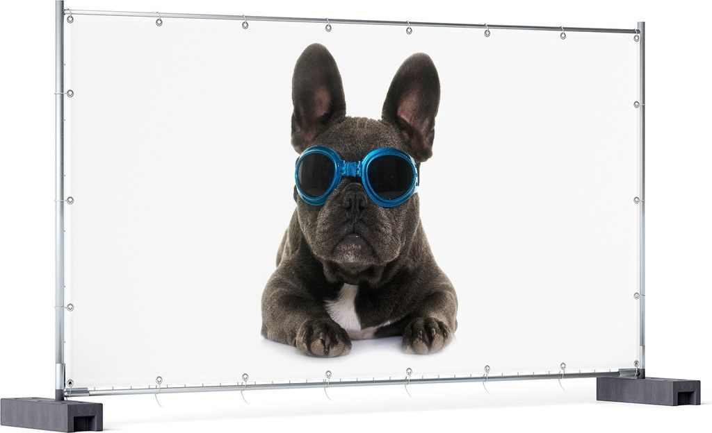 Wallario XXL Outdoor-Poster für Garten oder Balkon, Motiv Cooler Hund mit Sonnenbrille in blau - Französische Bulldogge, in ca. 340 x 173 cm