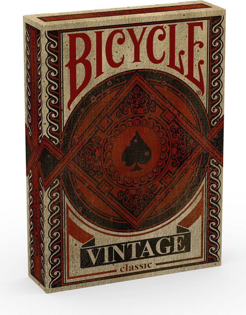 A close-up, angled view of a Bicycle brand playing card deck box with a vintage design.