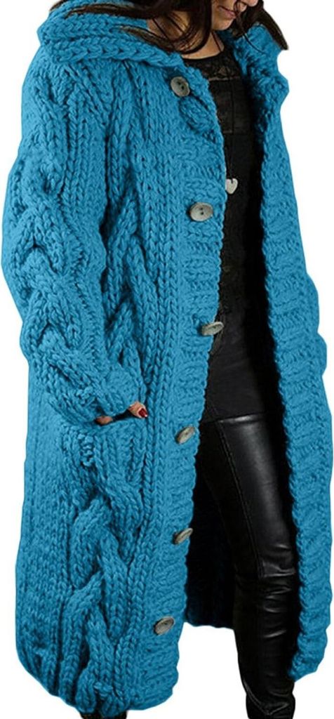 ASKSA Damen Strickjacke Grobstrick Casual Sweater Cardigan mit Knoepfen Oversize Strickcardigan, Blau, S