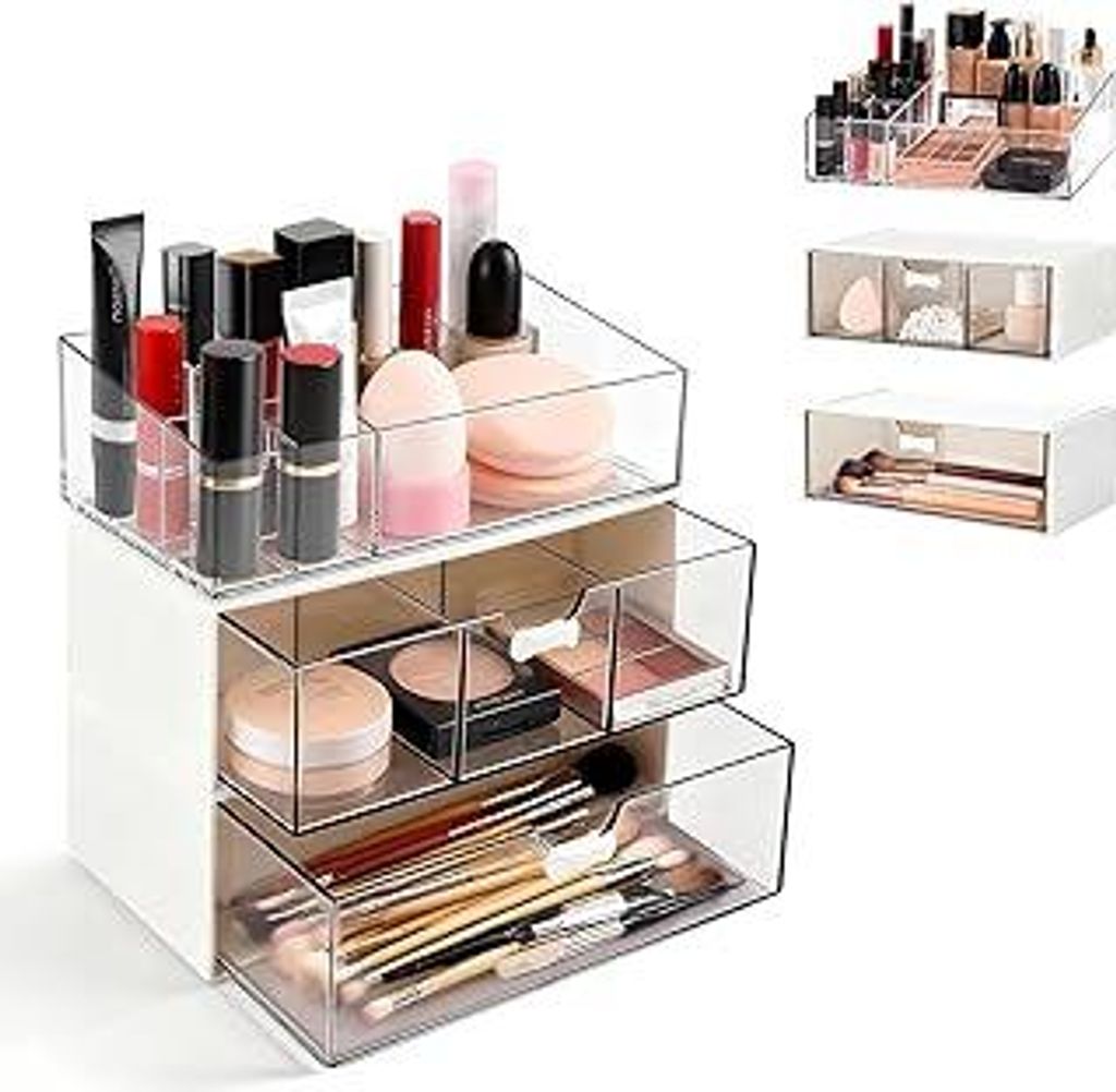 Uxadrenovix Badezimmer Organizer 3er Set – Stapelbare Acryl Kosmetik Organizer mit Lippenstiftbox, mit 3 Fächern – Praktisch für Schminktisch...
