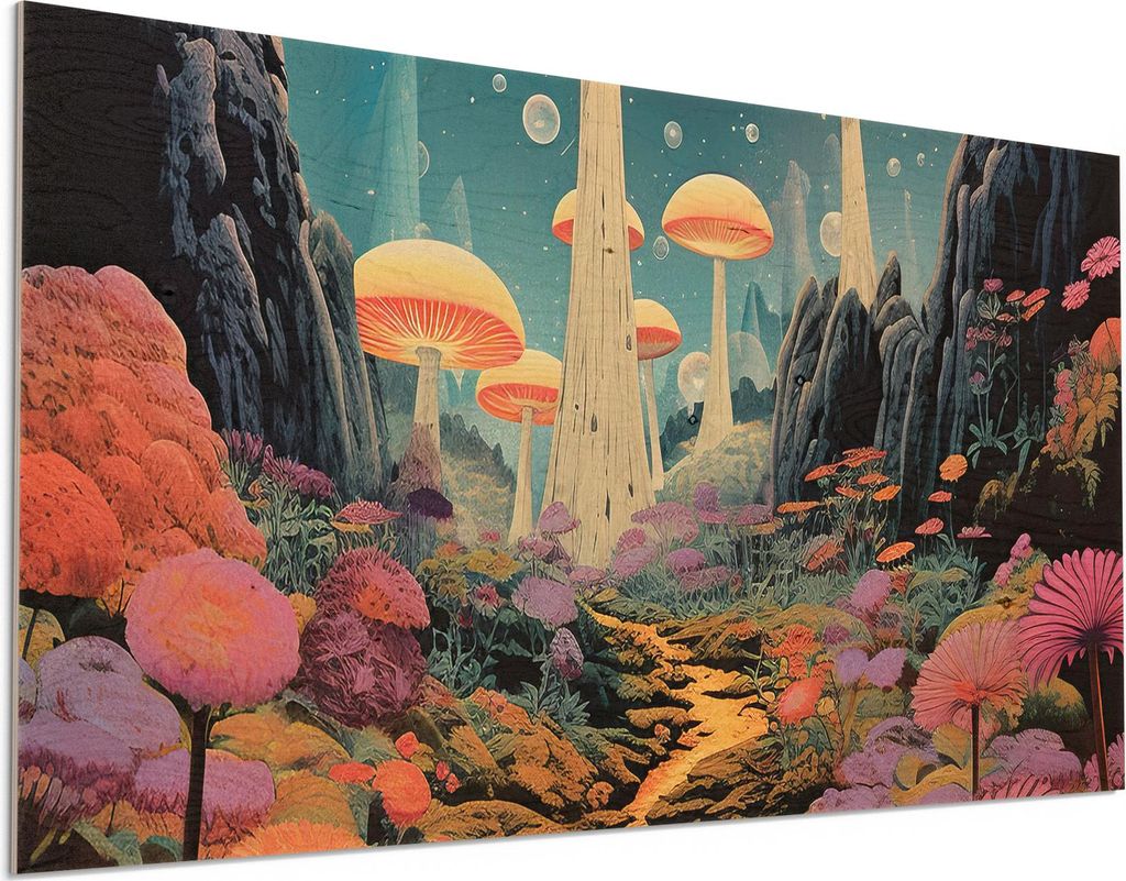 DEQORI Holzbild 100x50 cm 'Mystische Pilzwelten' Bild auf Holz Wandbild Kunstdruck