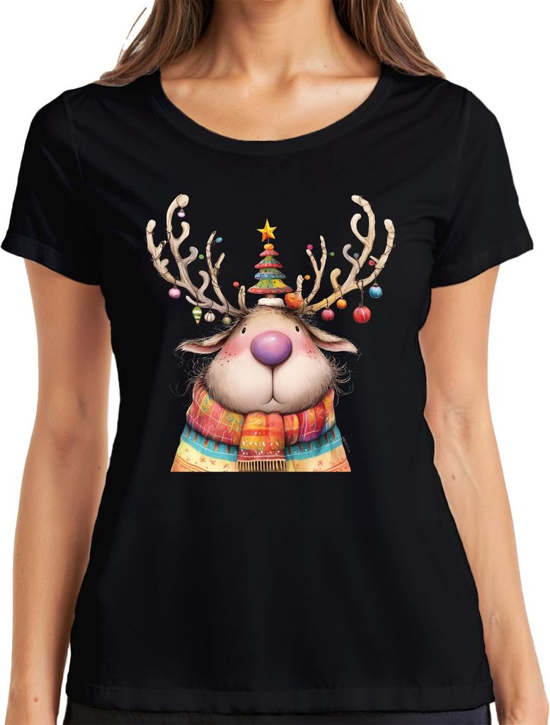 Niedliches Weihnachtsrentier rosa Nase bunter Schal Geschenk Damen T-Shirt, Schwarz, 3XL