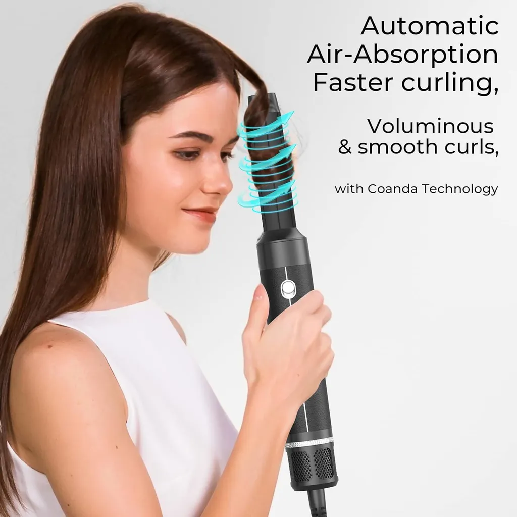 Brosse à air chaud multifonction avec diffuseur et 6 embouts de coiffage noirs